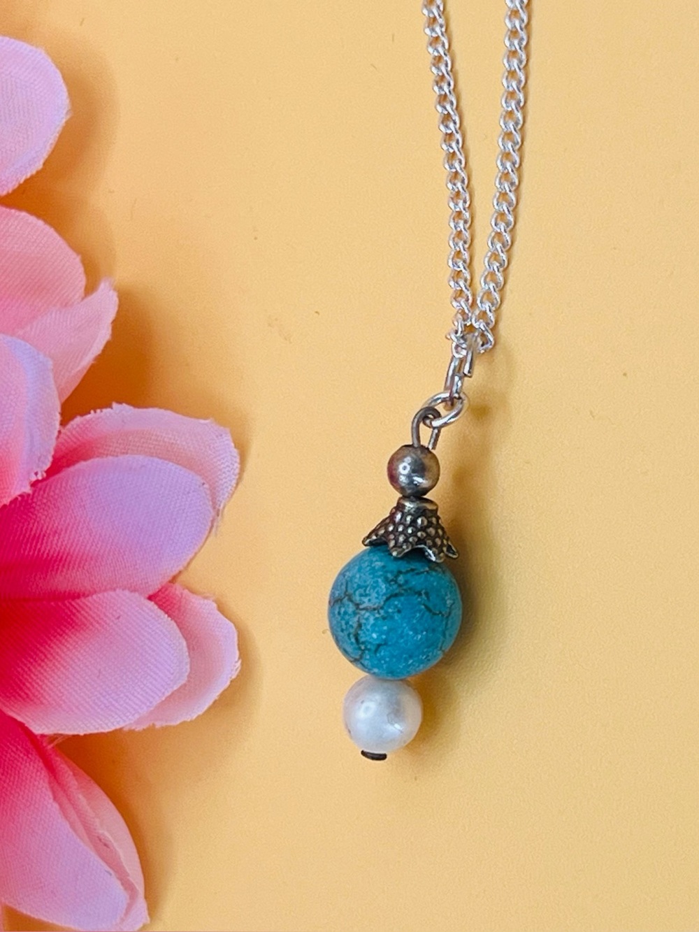 Turquoise and Pearl Silver Pendant Necklace